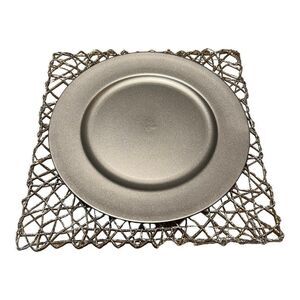 Set Silver Charger Plate Thick Plastic 13" Fancy Silver Lacework Placemat 14.5